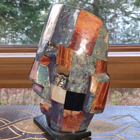 Mexican Glazed Ceramic standing Mask of an INDIGENOUS WARRIOR on stand, 8x6x4 - Picture 3 of 4